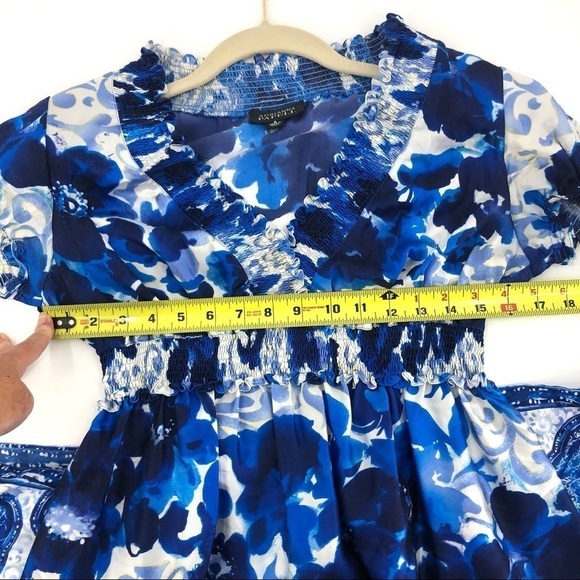 Adrianna Papell Silk Cotton Floral Dress Smocked Waist Fit Flare Blue Size 8 - Picture 7 of 9